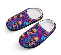 peiyeety Pantoufles en coton mignonnes à motifs de roses psychédéliques et de crânes, antidérapantes, pour l'intérieur et l'extérieur
