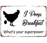 peiyeety Plaque décorative vintage en métal « Je fais caca au petit-déjeuner » - Quel est votre super-pouvoir ? - Décoration murale pour poulailler ou cuisine - 30 x 20 cm