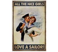 peiyeety Plaque en métal aluminium vintage « Histoire d'amour de marin » : « Toutes les gentilles filles aiment les marins ». Décoration murale neuve 15 x 20 cm.