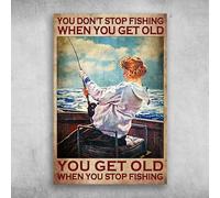 peiyeety Plaque en métal humoristique « Pêcheuse » : « On ne cesse jamais de pêcher en vieillissant », décoration murale pour bars, restaurants, cafés et pubs, Halloween, 20 x 30 cm