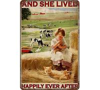 peiyeety Plaque en métal style rétro « Une fille aimait les chats et vivait heureuse » - Décoration murale rétro - 14 x 20 cm