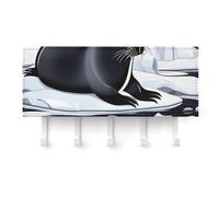peiyeety Porte-clés mural adhésif Seals on Ice, blanc, avec 5 crochets, sans perçage, idéal pour le salon, l'entrée, le couloir ou le bureau.