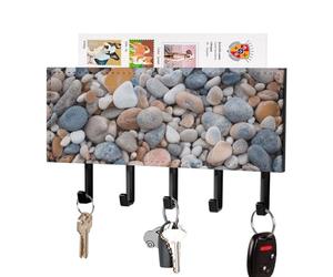 peiyeety Porte-clés mural en galets couleur plage, support adhésif noir à 5 crochets, sans perçage, idéal pour le salon, l'entrée, le couloir ou le bureau.