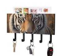 peiyeety Porte-clés mural Tiger, support adhésif noir à 5 crochets, sans perçage, idéal pour le salon, l'entrée, le couloir ou le bureau.