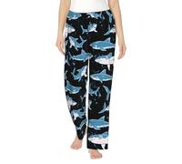 peiyeety Pyjama femme en peluche polaire douce avec motif requins rigolos sur fond noir, pantalon long imprimé, vêtement de nuit chaud