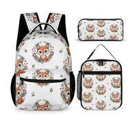 peiyeety Sac à dos avec boîte à lunch et trousse de maquillage Fox Art (5) Ensemble sac à dos de jour avec sac à lunch et sacs de rangement