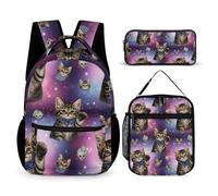 peiyeety Sac à dos avec boîte à lunch, trousse de maquillage, sac à dos, ensemble de sacs à bandoulière Galaxy Space Cat avec boîte à lunch, sac de rangement, ensemble de sacs à dos