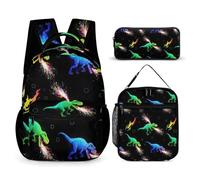 peiyeety Sac à dos avec sac à lunch et sac de rangement Ensemble de sacs à dos Tyrannosaurus Rex Dinosaure scintille dans l'espace (2) Ensemble de sacs à dos avec boîte à lunch Sacs à cosmétiques