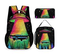 peiyeety Sac à dos, boîte à lunch et sac de rangement, ensemble de sacs à livres, sac à dos Trippy Space UFO Rainbow Tree Art, sac à dos de jour avec sac à lunch et trousses de maquillage