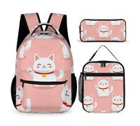 peiyeety Sac à dos de voyage pour ordinateur portable, sac à dos décontracté, motif chat porte-bonheur japonais, drôle de gros chats, sac à dos rose avec boîte à lunch et trousse de maquillage