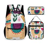 peiyeety Sac à dos léger avec boîte à lunch, trousse de maquillage, sac à dos, boîte à lunch et sac de rangement (alpaga botanique bohème lama)
