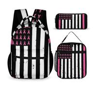 peiyeety Sac à dos léger avec sac de rangement pour boîte à lunch, rubans de sensibilisation au cancer du sein, drapeau américain, sac à dos noir, ensemble boîte à lunch et trousse de maquillage