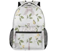 peiyeety Sac à dos pour ordinateur portable avec motif tour de Paris et feuilles, idéal pour les voyages d'affaires ou les activités en plein air