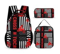 peiyeety Sac à dos pour ordinateur portable, motif drapeau américain, moto, dirt bike, sac à dos avec sac à lunch et sac de rangement, sac à dos avec boîte à lunch et trousses de maquillage