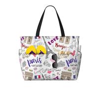 peiyeety Sac cabas de plage I Love Paris pour femme, grand format, avec fermeture éclair et poche imperméable, léger et pliable, idéal pour les ges, les courses, la natation et le sport.