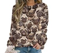 peiyeety Sweat-Shirt à Manches Longues et col Rond pour Femme, orné d'adorables carlins de Dessin animé. Haut Extensible et décontracté, idéal pour l'automne, l'hiver et Les activités de Plein air.