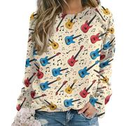peiyeety Sweat-Shirt à Manches Longues pour Femme, Motif Guitare et Notes de Musique, Style Dessin animé. Haut Extensible et décontracté, idéal pour l'automne, l'hiver et Les activités de Plein air.