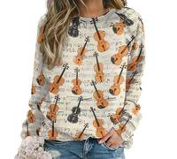peiyeety Sweat-Shirt Vintage à Manches Longues et col Rond pour Femme, Motif partition de Violon, Pull Extensible et décontracté idéal pour l'automne, l'hiver et Les activités de Plein air.