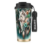 peiyeety Tasse isotherme Wolf And Dream Catcher 316 de 48 cl, en acier inoxydable, avec couvercle anti-fuite, pour boissons chaudes et froides