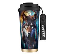 peiyeety Tasse isotherme Wolf And Dream Catcher 316 de 48 cl, en acier inoxydable, avec couvercle anti-fuite, pour boissons chaudes et froides
