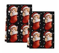 peiyeety Torchons de Cuisine de Noël, Motif Chat Mignon, Chaussette de Noël, absorbants, Blancs, Flocons de Neige, pour Le Nettoyage et Le séchage de la Cuisine (Lot de 2).