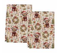 peiyeety Torchons de Cuisine de Noël, Motif Renne et Sapin, absorbants, avec Couronne de Houx et clochettes, Beige, Lot de 2.