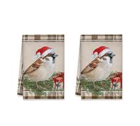 peiyeety Torchons de Cuisine Sparrow, Coffret Cadeau Rustique de Noël avec Chapeau de Père Noël, torchons absorbants et Doux Rouges pour la décoration de Cuisine des fêtes, 40 x 66 cm (Lot de 1)