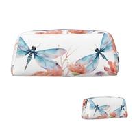 peiyeety Trousse à Crayons en Cuir de Grande capacité, Trousse à Crayons esthétique avec Fermeture éclair, Portable, Motif Fleurs aquarelles et libellules, pour Femmes et Hommes