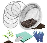 PEIZHIYC Passoire de jardin 5 en 1 ronde 20 cm en acier inoxydable avec 5 passoires interchangeables et pelle de jardin pliable 3/6/9/10/12 cm, en acier inoxydable, passoire de jardin, compost