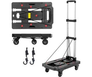 Pejevir Chariot Plateforme Pliable, Chariot de Transport Max.150kg, Diable Pliable avec 5 Roues et 2 Sangles, Poignée Télescopique, roulettes Pivotantes à 360° avec Frein, Revêtement Antidérapant