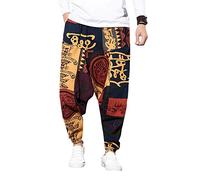 Pejihota Sarouel Hip-Hop Lâche pour Homme Bohemian Aladdin Yoga Pantalon Bloomers Drop Crotch Pantalon Rétro Imprimé Pantalon avec Poches (as4, Alpha, x_l, Regular, Regular, Rouge, XL, Décontracté)