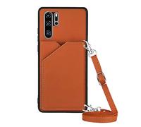 PekaTech Coque avec Cordon pour Huawei P30 Pro, PU Cuir Silicone Cover avec Fente pour Carte Tour de Cou Lanière, Slim Necklace Case Anti-Choc Bumper Etui Housse & Collier, Marron