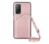 PekaTech Coque avec Cordon pour Xiaomi Mi 10T / 10T Pro, PU Cuir Silicone Cover avec Fente pour Carte Tour de Cou Lanière, Slim Necklace Case Anti-Choc Bumper Etui Housse & Collier, Rose