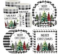pekifaves Set de vaisselle de fête de Noël pour 16 convives, assiettes en papier, serviettes, tasses, décorations de Noël, Merry Christmas