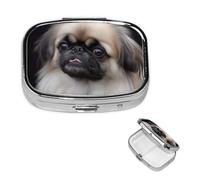 Pekingese Pilulier carré portable à 2 compartiments pour poche ou sac à main, pilulier hebdomadaire, organiseur décoratif en métal pour médicaments, vitamines, cadeau de voyage