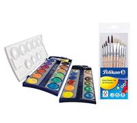 Pelikan 720631 K24, 24 Couleurs de qualité et 1 Tube de Blanc Opaque (7,5 ML), Selon DIN 5023 (boîte de Peinture + Lot de 10 pinceaux), Multicolore