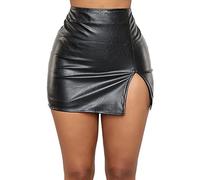Pelisy Mini jupe sexy fendue en cuir synthétique taille haute avec fermeture éclair pour femme, Noir , S-M