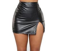Pelisy Mini jupe sexy fendue en cuir synthétique pour femme - Taille haute - Fermeture éclair - Décontractée - Skinny, Noir , Medium-Large, M-L