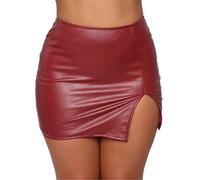 Pelisy Mini jupe sexy fendue en cuir synthétique pour femme - Taille haute - Fermeture éclair - Décontractée - Skinny, Rouge, S-M