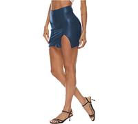 Pelisy Sexy Simili Cuir Jupes Femme Taille Haute Fermeture éclair Ete Mode Slim PU Imitation Mini Split Skirts Noir Foncé M