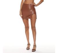 Pelisy Sexy Simili Cuir Jupes Femme Taille Haute Fermeture éclair Ete Mode Slim PU Imitation Mini Split Skirts, Marron, S