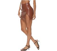 Pelisy Sexy Simili Cuir Jupes Femme Taille Haute Fermeture éclair Ete Mode Slim PU Imitation Mini Split Skirts, Marron, S