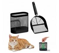 Pelle à Litière pour Chat en Métal avec Support, Set Pelle Litière Double Format, Panier de Rangement en Maille avec Distributeur de Sacs Caché, 3 Rouleaux Inclus, Facile à Nettoyer, Noir Antirouille