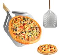 Pelle à pizza perforée en aluminium - 40 x 30 cm - Anti-adhésive - Avec poignée en bois amovible - Professionnelle - En aluminium anodisé - Pour pizza