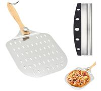 Pelle à pizza pliante perforée de 30,5 cm, ensemble de pelle à pizza en aluminium avec poignée en bois pliable et coupe-pizzas, pelle à pizza pour pizzas faites maison, pain, tarte