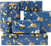 Pelle Tracteur Camion-Benne Bulldozer Mélangeurs Dumper Véhicules Modèle Route En Construction Papier Cadeau Bleu Pour Enfants Garçons Petit Constructeur Fête D'Anniversaire - 50 X 70 Cm - 6 Feuilles