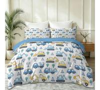 Pelleteuse Bétonnière Petit Arbre Parure de Lit Set 240 x 260 cm | Bleu Housse de Couette Réversible Imprimée Cartoon Simple avec 2 Taies 65 x 65 cm, Microfibre Douce