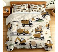 Pelleteuse Camion Bétonnière Parure de Lit Set 240 x 260 cm | Blanc Cassé Housse de Couette Réversible Imprimée Cartoon Ludique avec 2 Taies 65 x 65 cm, Microfibre Brossée Douce