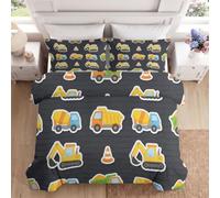 Pelleteuse Camion Cônes Signalisation Housse de Couette | Parure de Lit avec Fermeture Éclair Noir Vintage Cartoon 240 x 260 cm et 2 Taies d'oreiller 65 x 65 cm