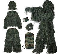 PELLOR Ghillie Suit Tenue Camouflage 3D avec Ruban Camouflage Auto Adhesif Filet Combinaison pour Chasse Affût Photographie Costume Veste Pantalon (Vert Fonce)